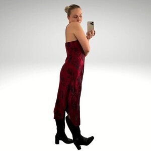 90's Red with Black Floral Print Lace Trimmed Maxi Slip Dress